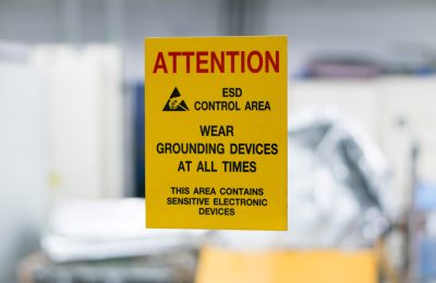 yellow attention sign to wear grounding devices